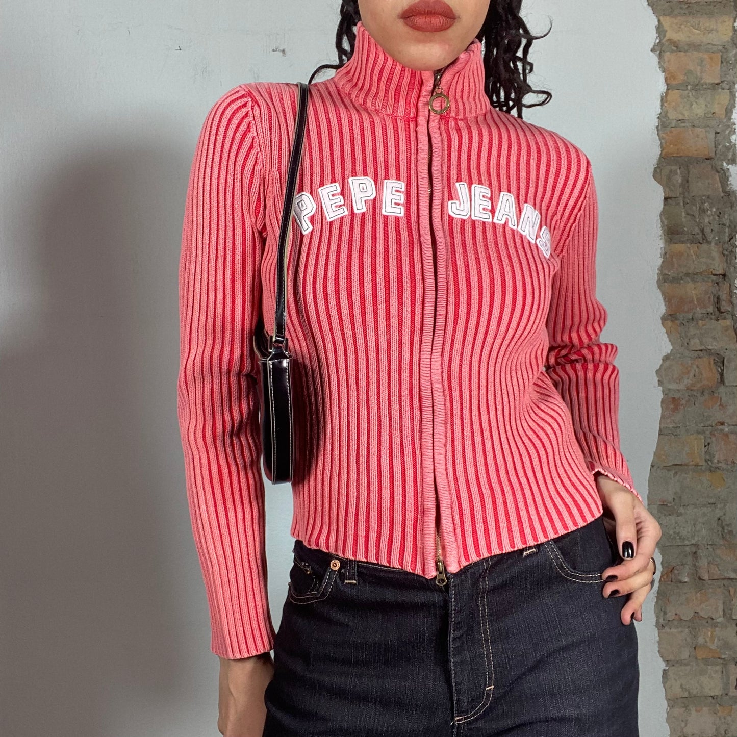 Vintage 90's Pepe Jeans Red Ribbed Knit Zip Up Sweater (S)