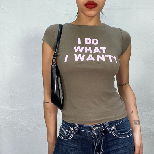 Vintage 2000's Downtown Girl Khaki Baby Tee with Pink 'I Do What I Want!' Print (XS/S)