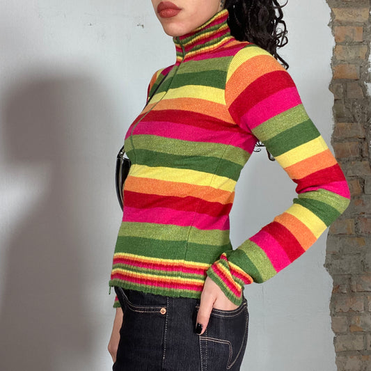 Vintage 90's Hippie Multicolor Striped Thin Knit Zip Up Sweater (S)