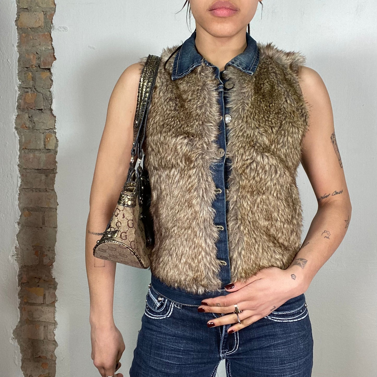 Vintage 90's Streetwear Faux Fur Vest with Denim Trim (S) mol