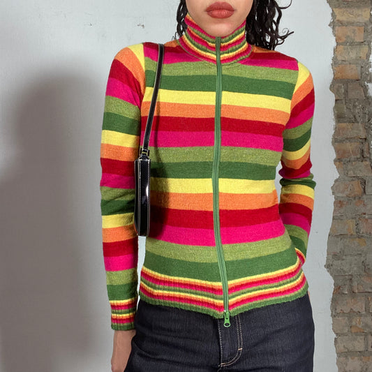 Vintage 90's Hippie Multicolor Striped Thin Knit Zip Up Sweater (S)