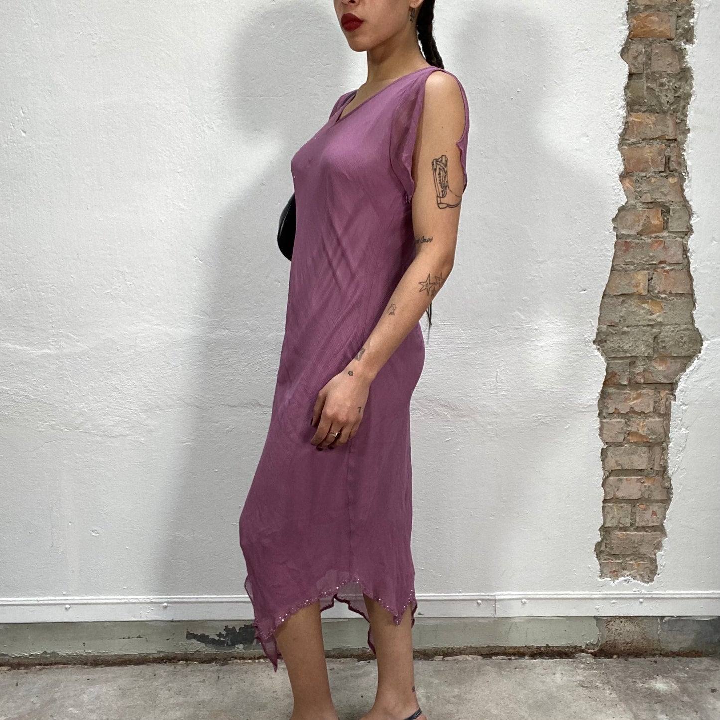 Vintage 2000's Festive Purple Mesh Dress with Beaded Flower Detail (M)