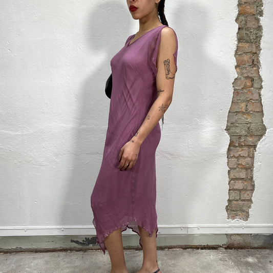 Vintage 2000's Festive Purple Mesh Dress with Beaded Flower Detail (M)