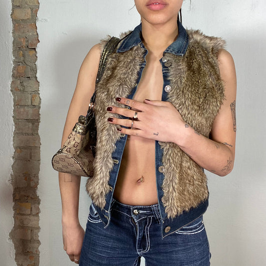 Vintage 90's Streetwear Faux Fur Vest with Denim Trim (S) mol