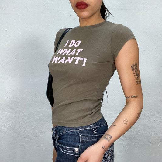 Vintage 2000's Downtown Girl Khaki Baby Tee with Pink 'I Do What I Want!' Print (XS/S)