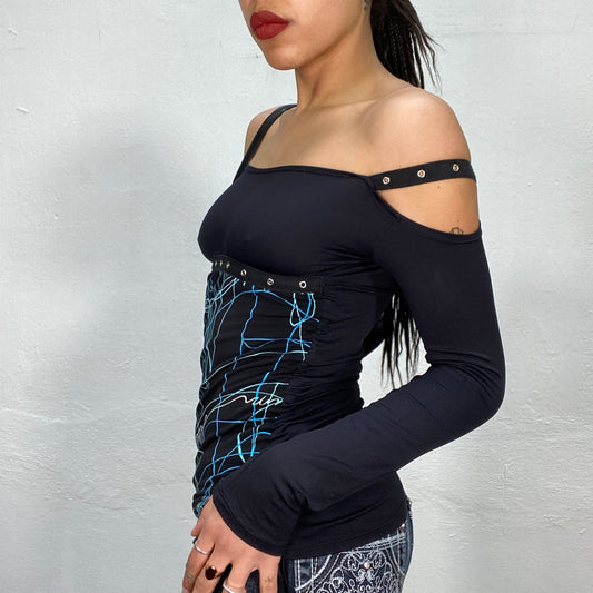 Vintage 2000's Archive Black Off Shoulder Top with Blue Swirly Print and Eyelet Details (S)