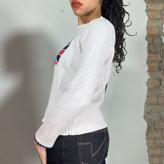 Vintage 90's Pepe Jeans White Ribbed Knit Sweater with UK Flag Print (S/M)