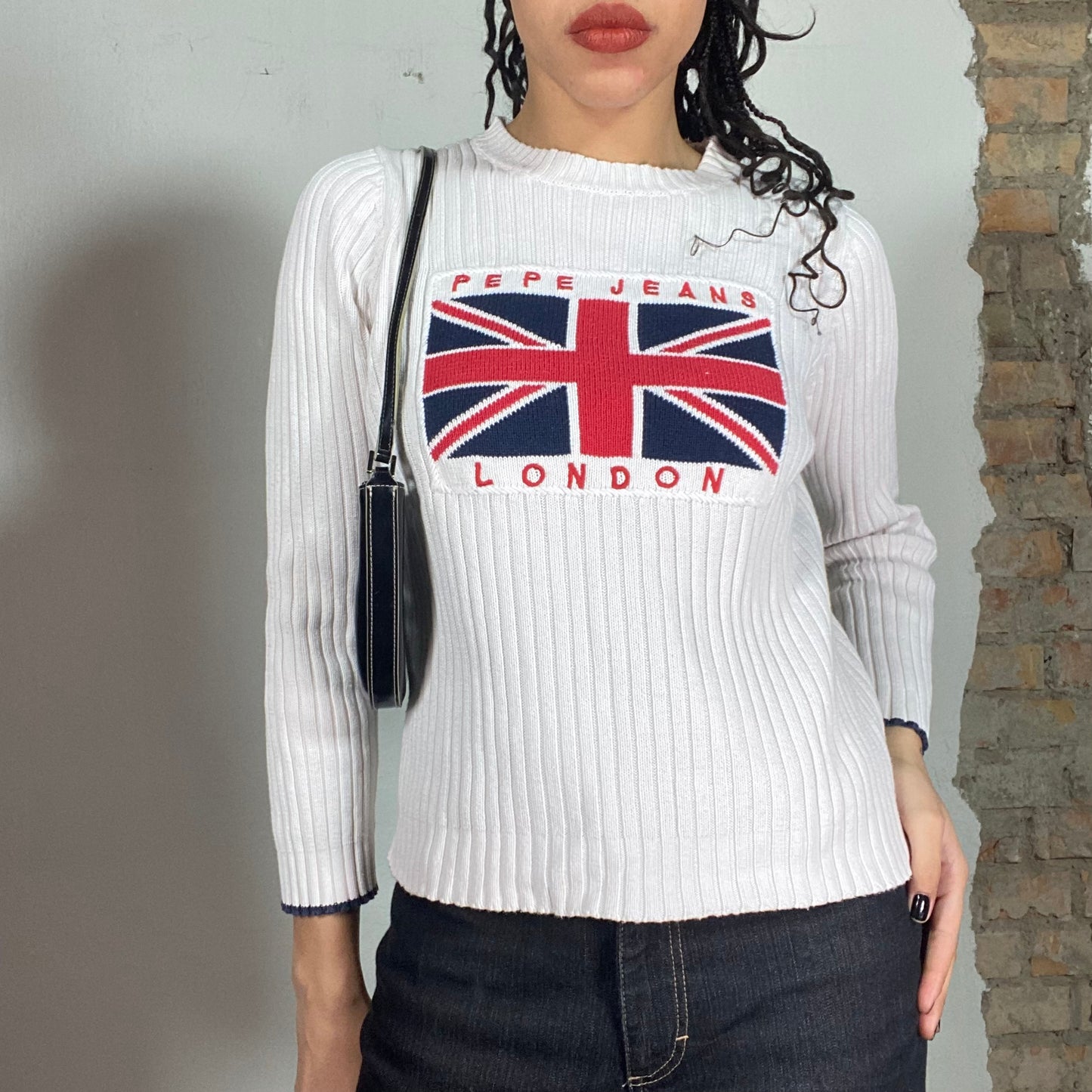 Vintage 90's Pepe Jeans White Ribbed Knit Sweater with UK Flag Print (S/M)