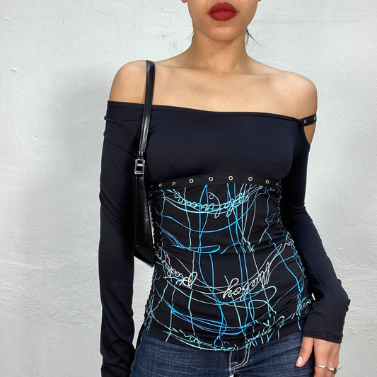 Vintage 2000's Archive Black Off Shoulder Top with Blue Swirly Print and Eyelet Details (S)