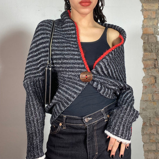 Vintage 2000's Cop Copine Whimsigoth Black and Grey Ribbed Knit Bolero with Red Detail (S/M)