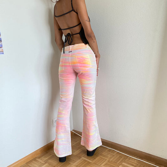 Vintage 90's Archive Killah Miss Sixty Rave White Flared Jeans With Neon Spray (S)