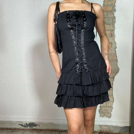 Vintage 2000's Gothic Black Dress with lace Up Detail (S/M)