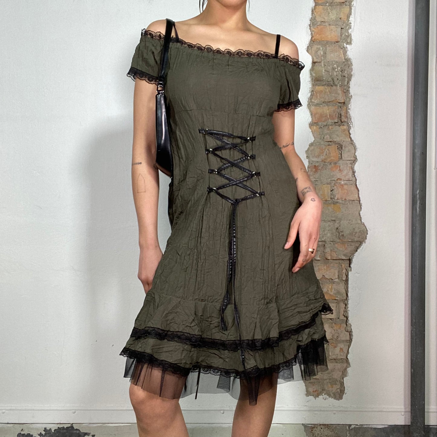 Vintage 2000's Grunge Khaki Off Shoulder Dress with Black Lace and Lace Up Details (S)