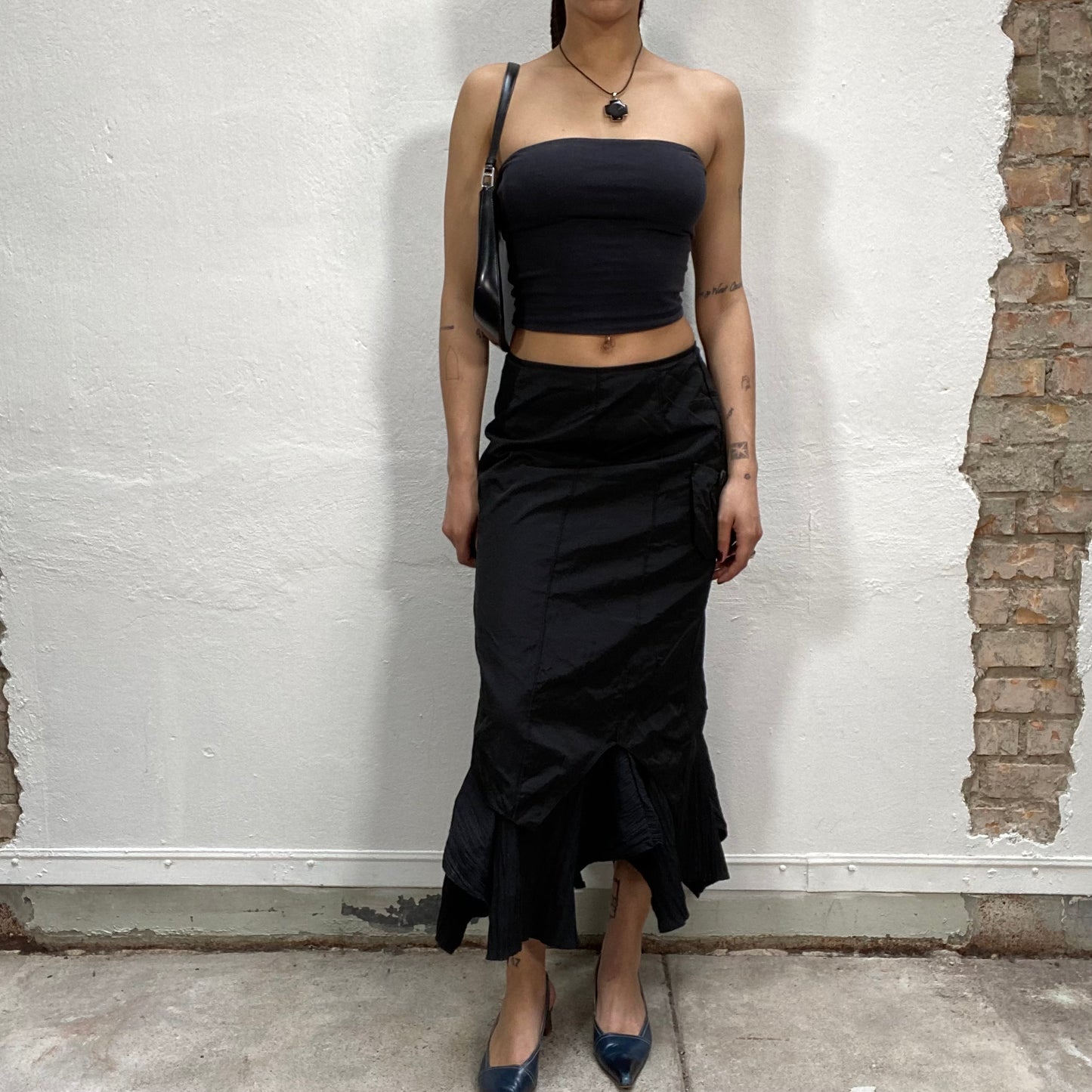 Vintage 2000's Cyber Black Maxi Cargo Skirt with Scrunched Details (S)