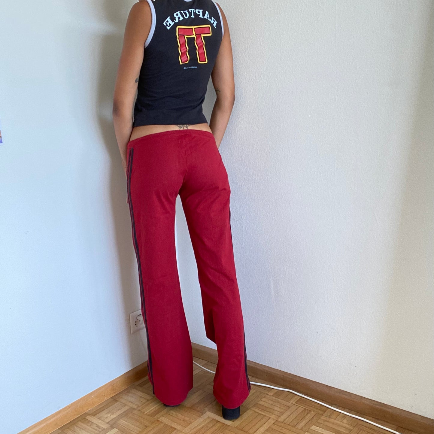 Vintage Y2K Sporty Red Low Waist Flare Track Pants with Black Side Seam (XS)