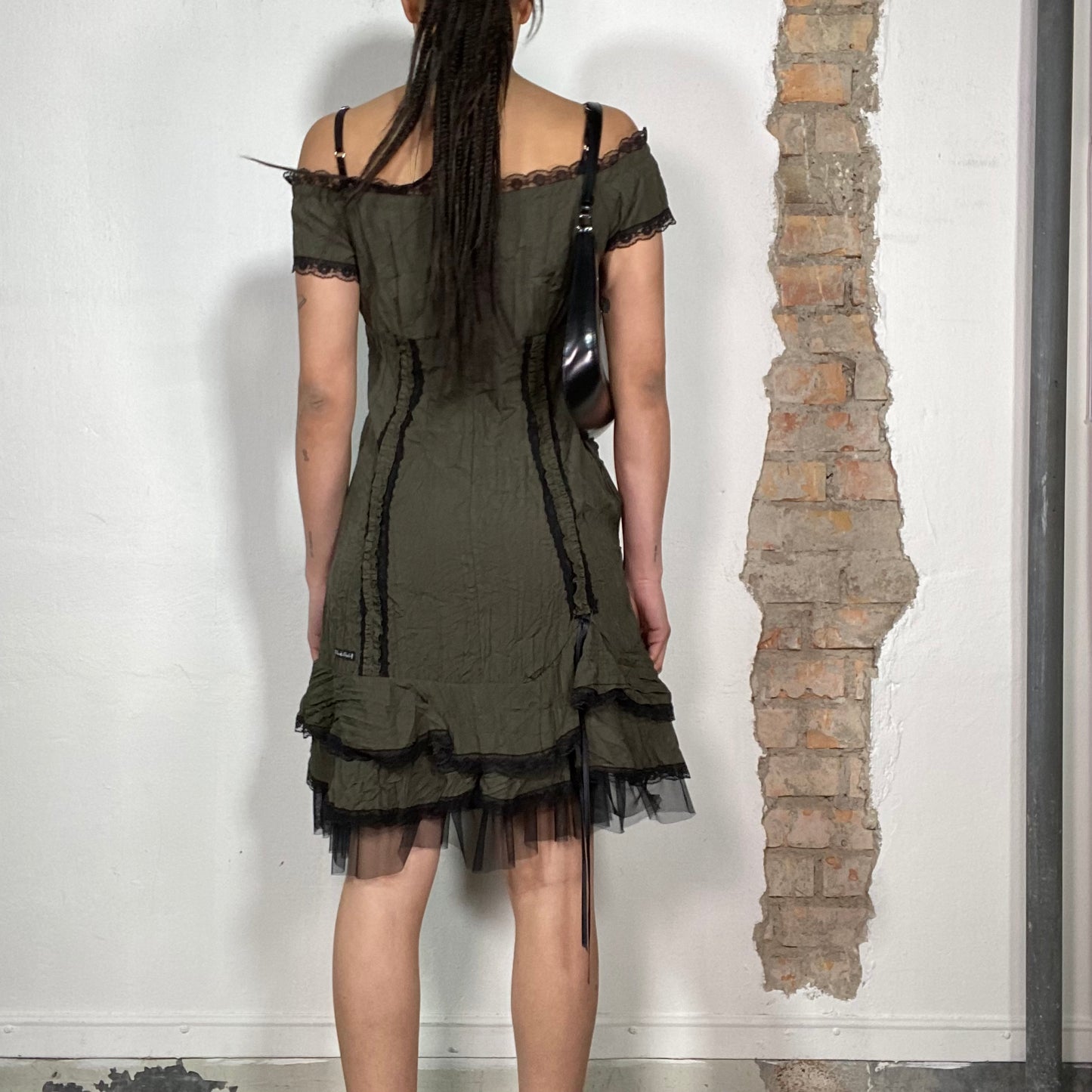 Vintage 2000's Grunge Khaki Off Shoulder Dress with Black Lace and Lace Up Details (S)