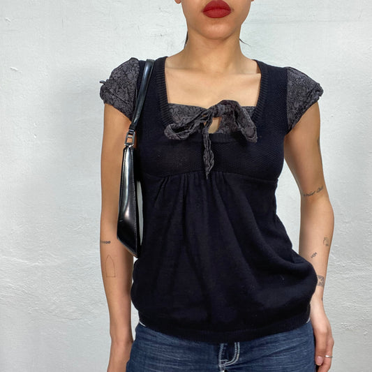 Vintage 90's Babydoll Black Knit Shirt with Floral Neckline and Shoulder Details (S)