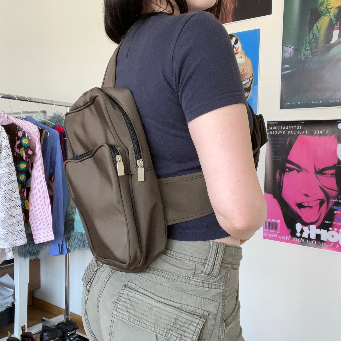 Vintage 90's Tech Wear Khaki One Strap Backpack