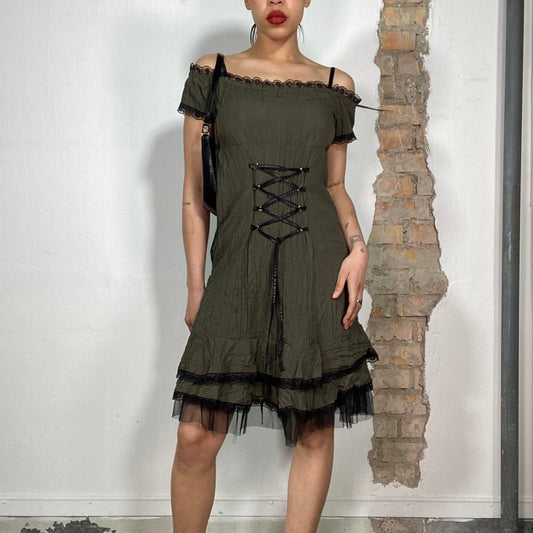 Vintage 2000's Grunge Khaki Off Shoulder Dress with Black Lace and Lace Up Details (S)