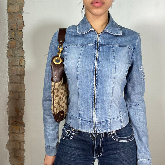 Vintage 90's Funky Light Wash Denim Jacket with Flower Embroidery (S)