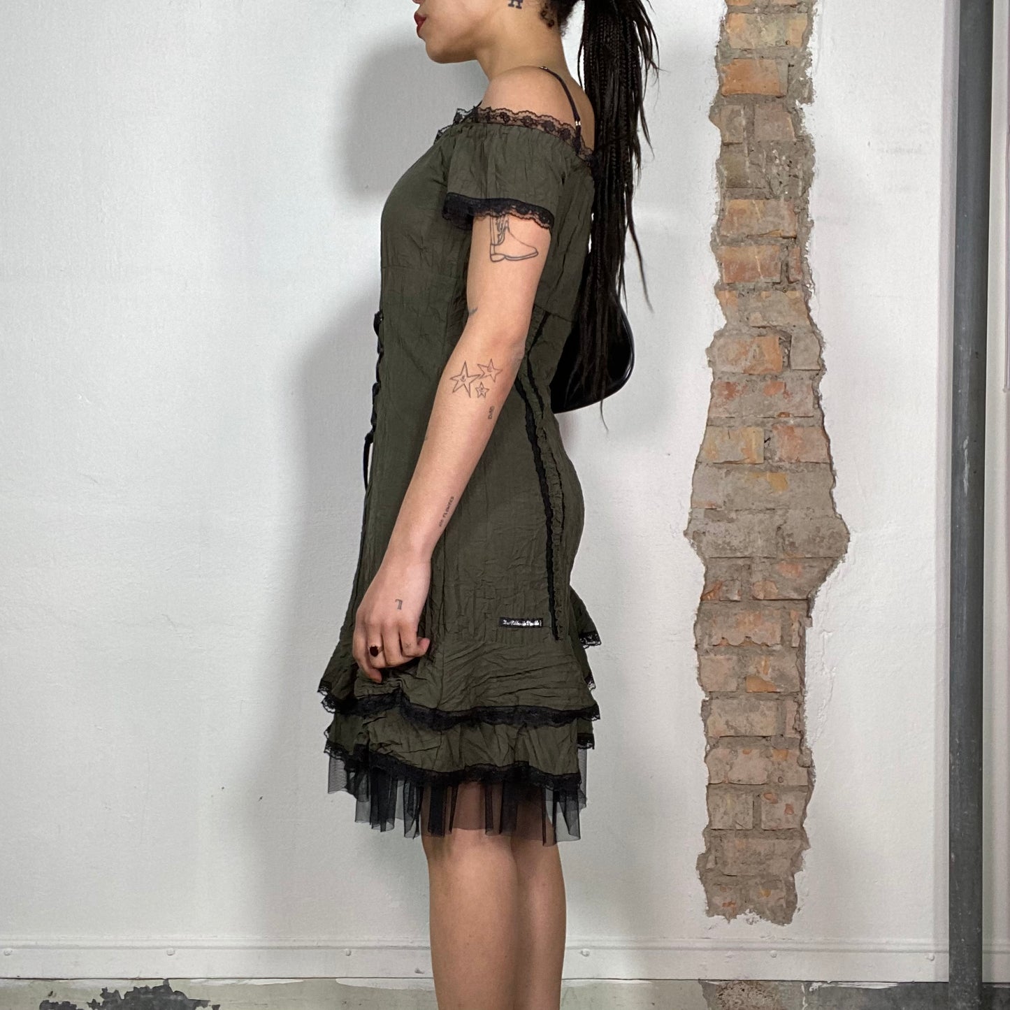 Vintage 2000's Grunge Khaki Off Shoulder Dress with Black Lace and Lace Up Details (S)