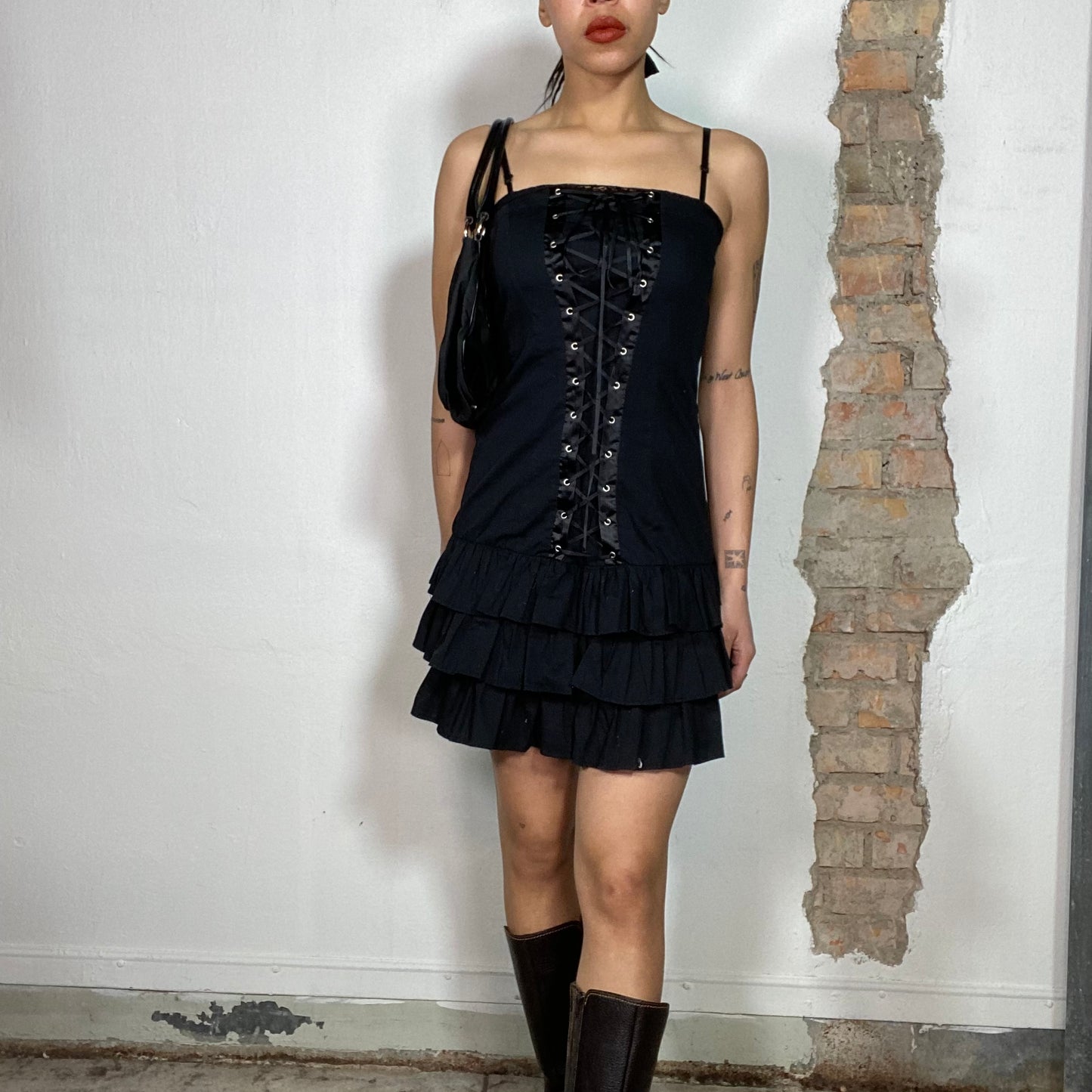 Vintage 2000's Gothic Black Dress with lace Up Detail (S/M)