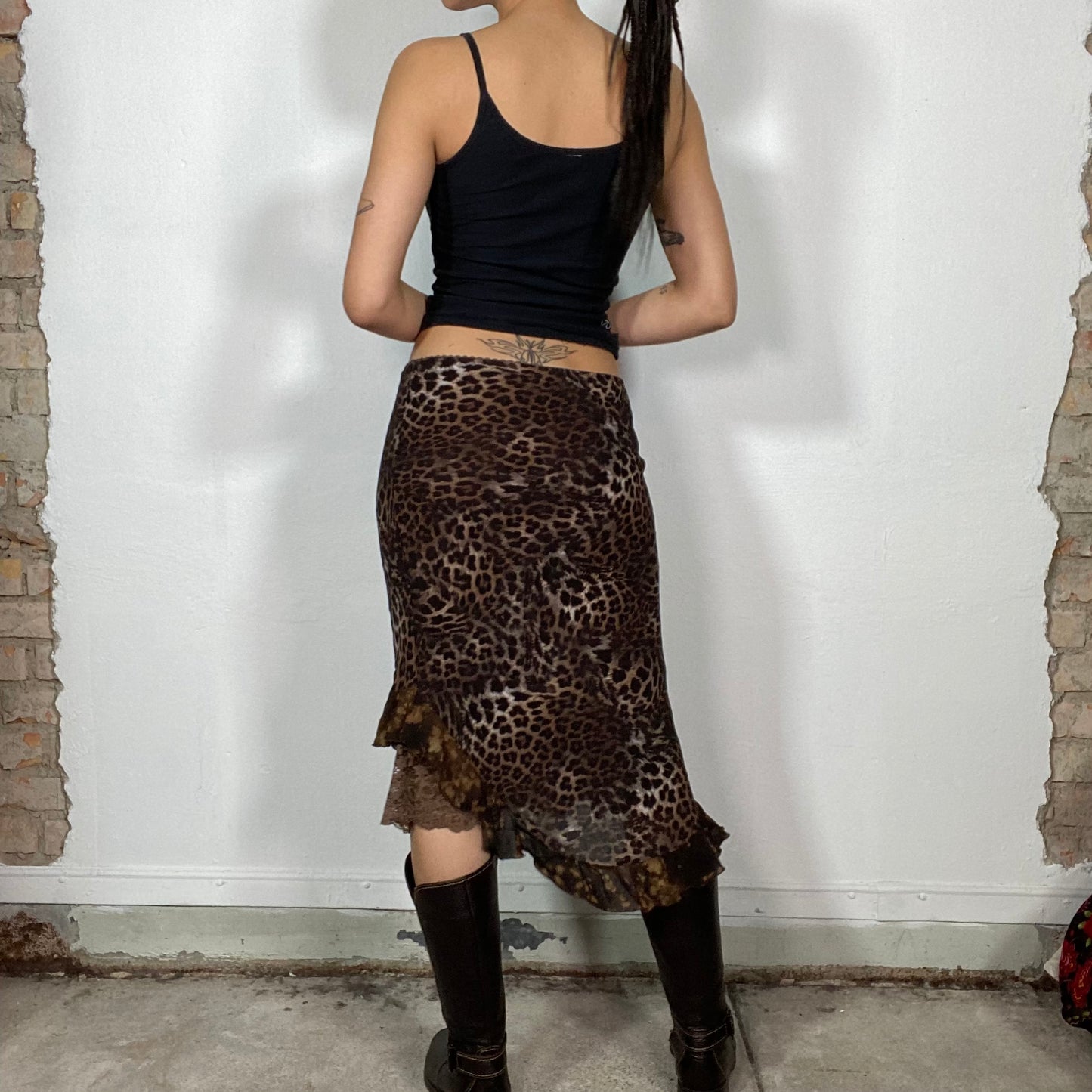 Vintage 2000's Downtown Girl Brown Asymmetrical Leo Prin Mesh Midi Skirt (S)