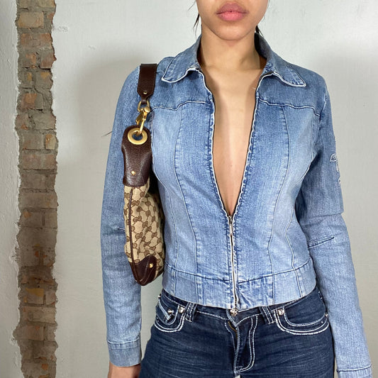 Vintage 90's Funky Light Wash Denim Jacket with Flower Embroidery (S)