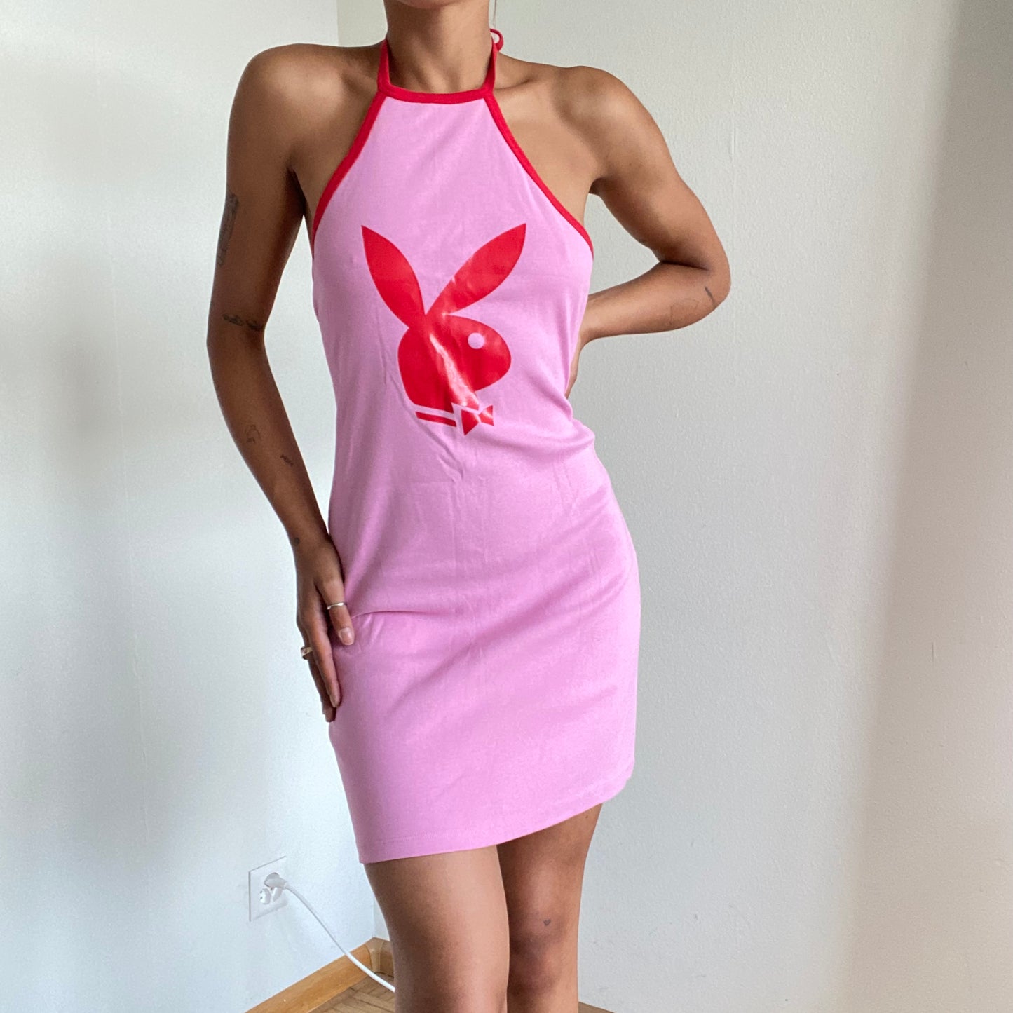 Vintage Y2K Pink Playboy Halter Neck Dress (M)