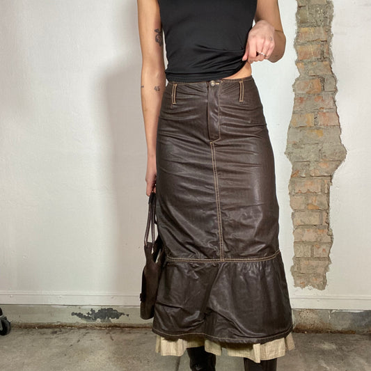 Vintage 90's Downtown Girl Brown Faux Leather Maxi Skirt with Contrast Stitching (S)