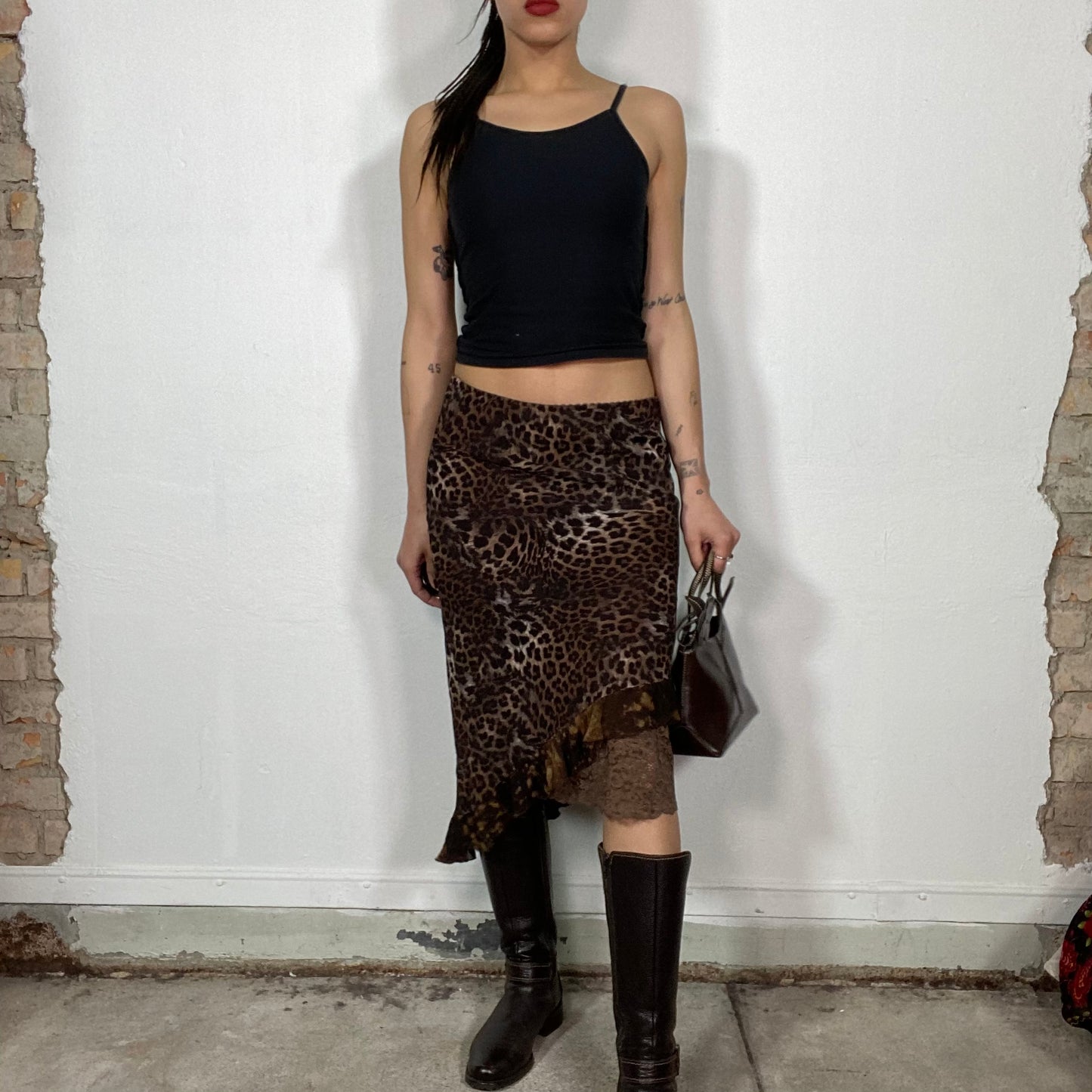 Vintage 2000's Downtown Girl Brown Asymmetrical Leo Prin Mesh Midi Skirt (S)