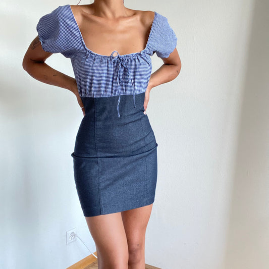 Vintage 90’s Romantic Denim and Blue Plaid Milkmaid Mini Dress (XS/S)