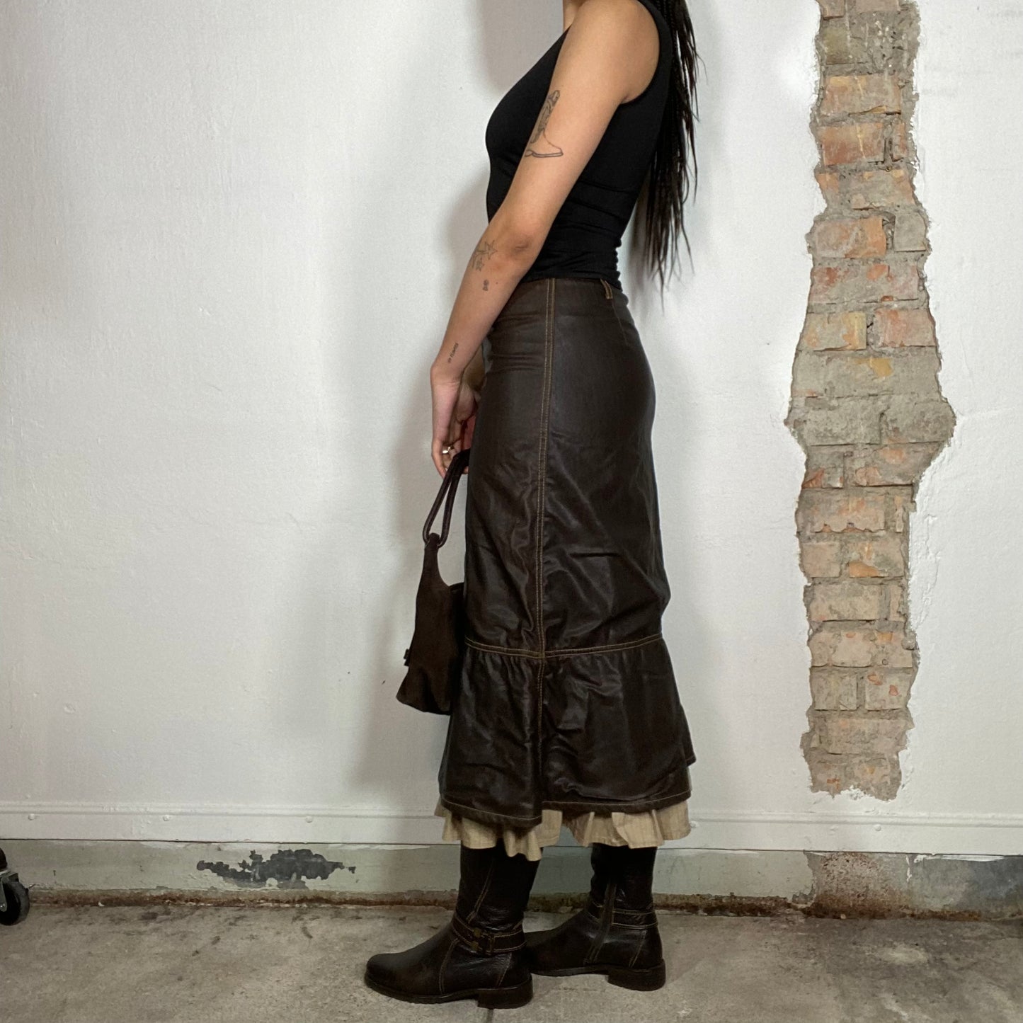 Vintage 90's Downtown Girl Brown Faux Leather Maxi Skirt with Contrast Stitching (S)