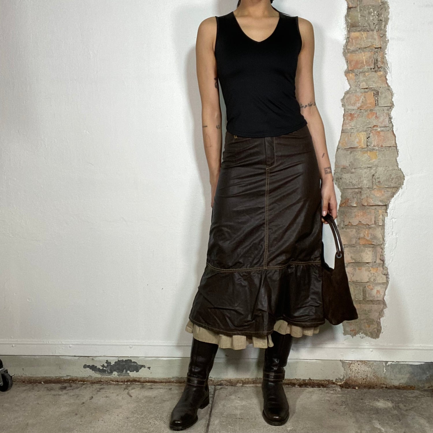 Vintage 90's Downtown Girl Brown Faux Leather Maxi Skirt with