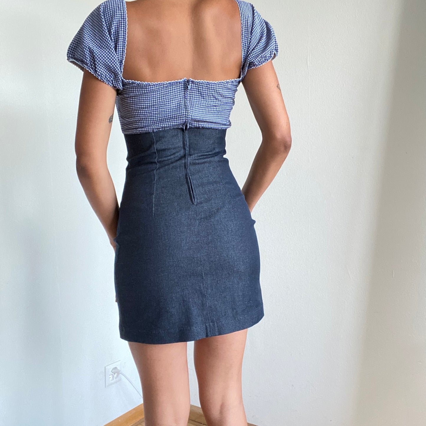 Vintage 90’s Romantic Denim and Blue Plaid Milkmaid Mini Dress (XS/S)