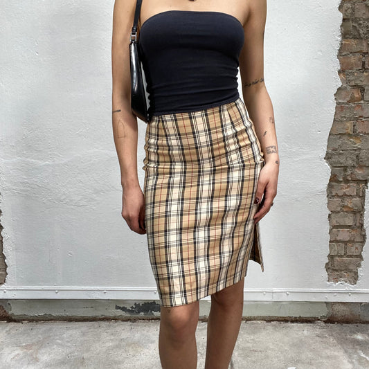 Vintage 90's Downtown Girl Beige Plaid Pencil Midi Skirt (S)