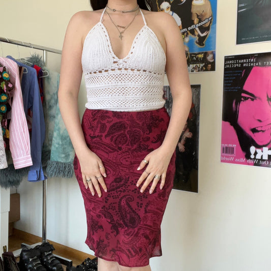 Vintage 90's Boho Red Paisley Midi Mesh Skirt (36 EU / UK 8 / US 4)