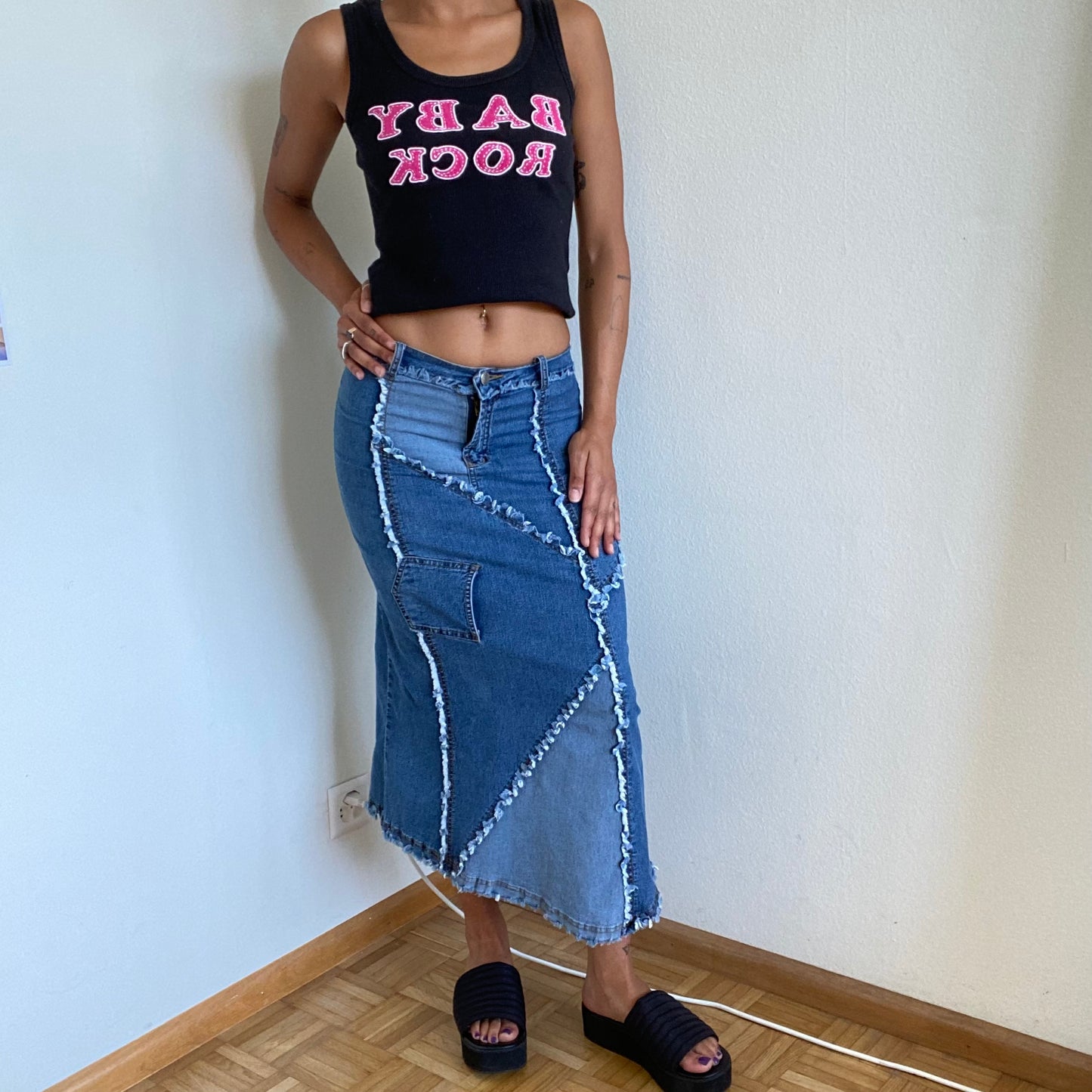 Vintage 90's Hippie Patchwork Denim Maxi Skirt (XS/S)