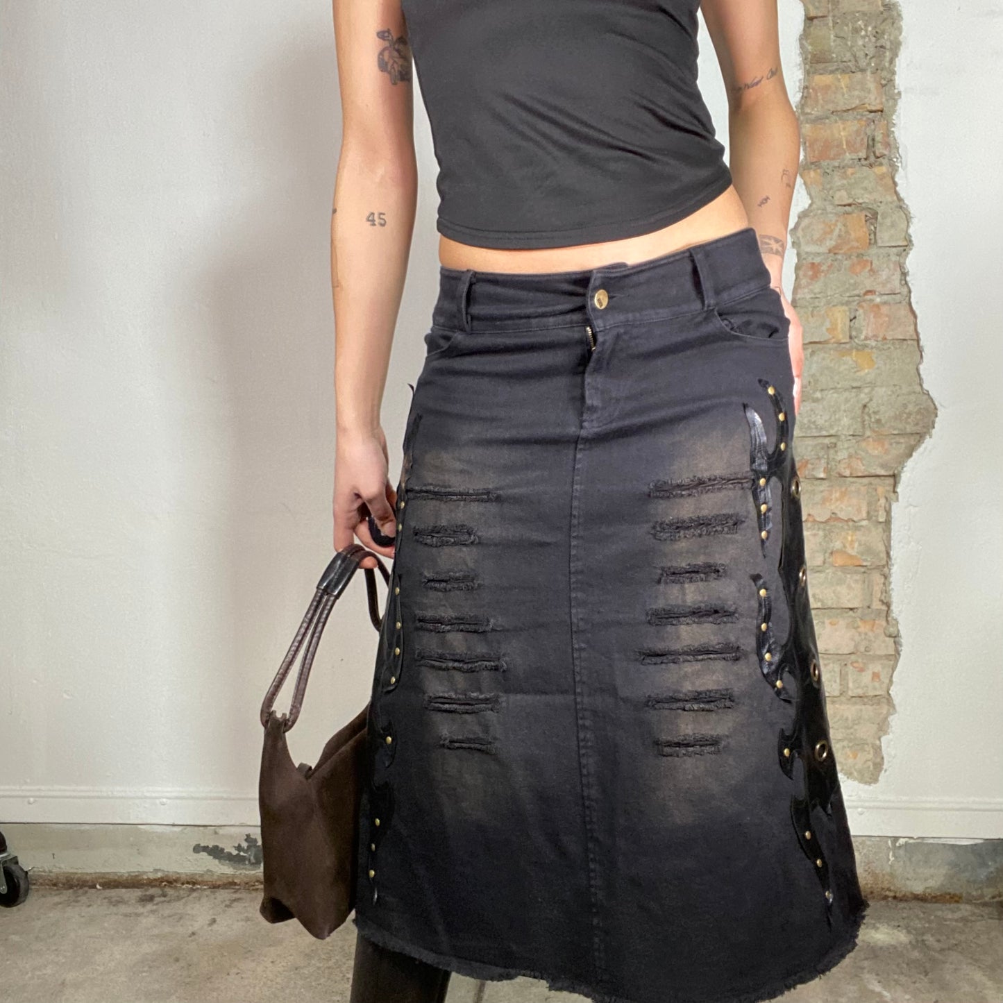 Vintage 90's Grunge Black Distressed Denim Midi Skirt with Stud Details (S/M)