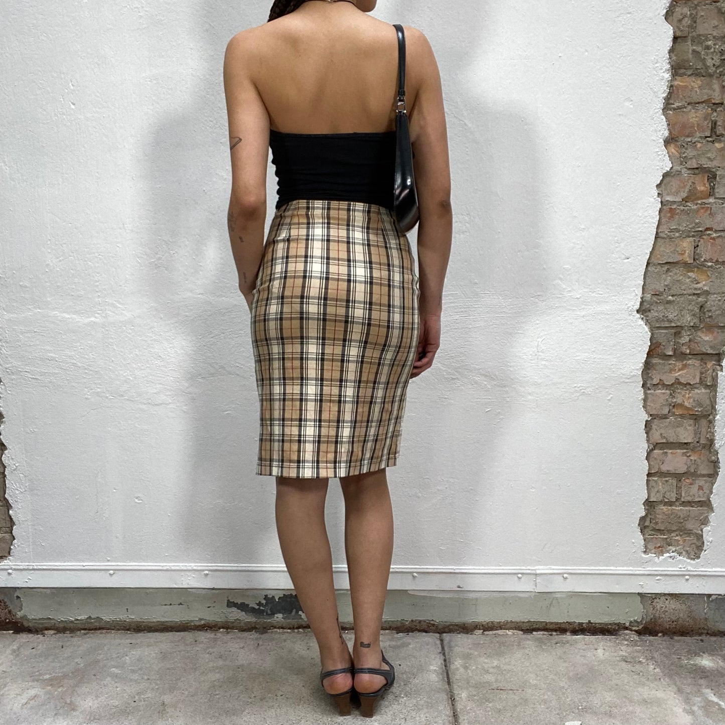 Vintage 90's Downtown Girl Beige Plaid Pencil Midi Skirt (S)