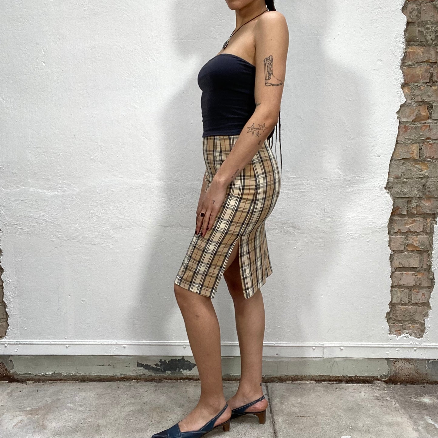 Vintage 90's Downtown Girl Beige Plaid Pencil Midi Skirt (S)