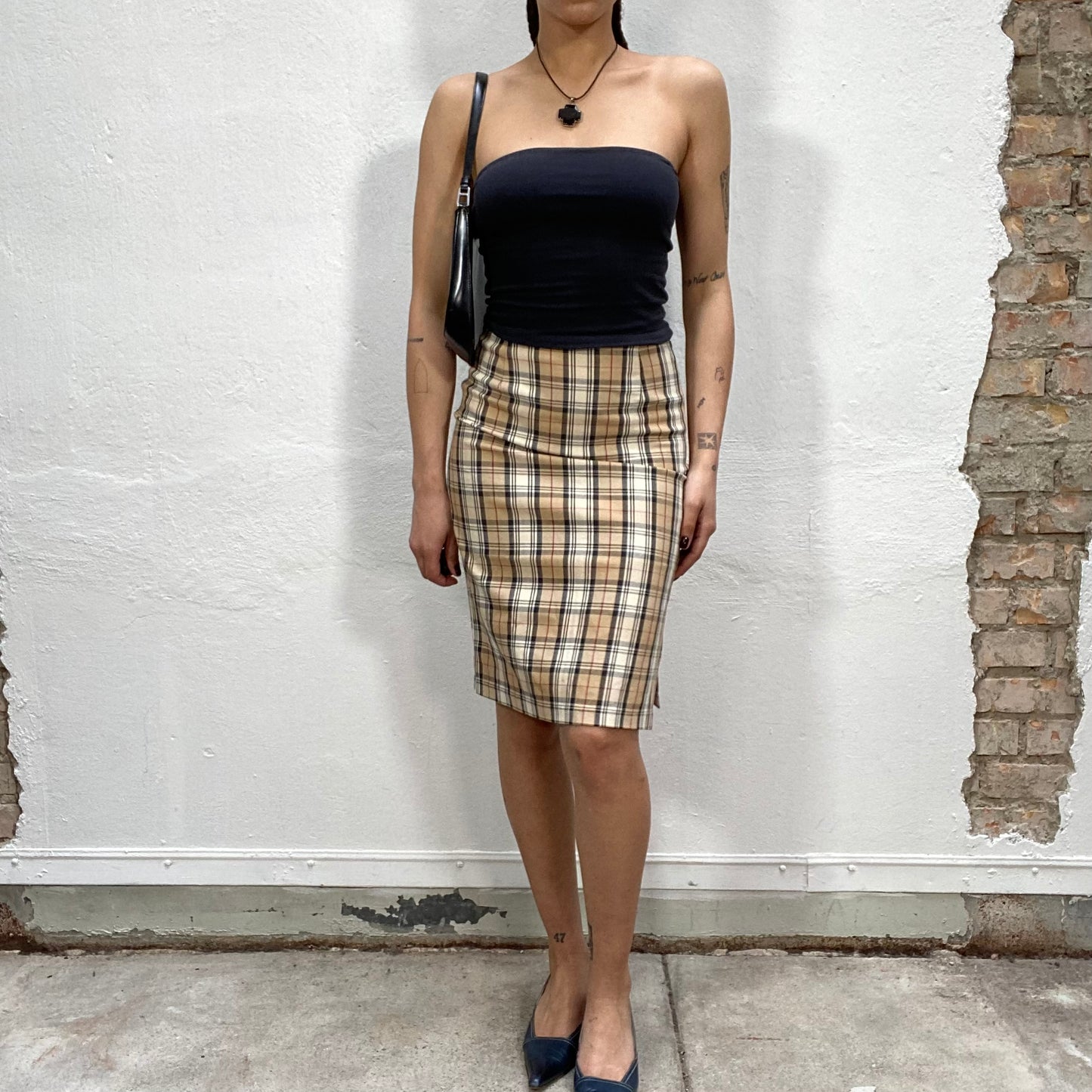 Vintage 90's Downtown Girl Beige Plaid Pencil Midi Skirt (S)