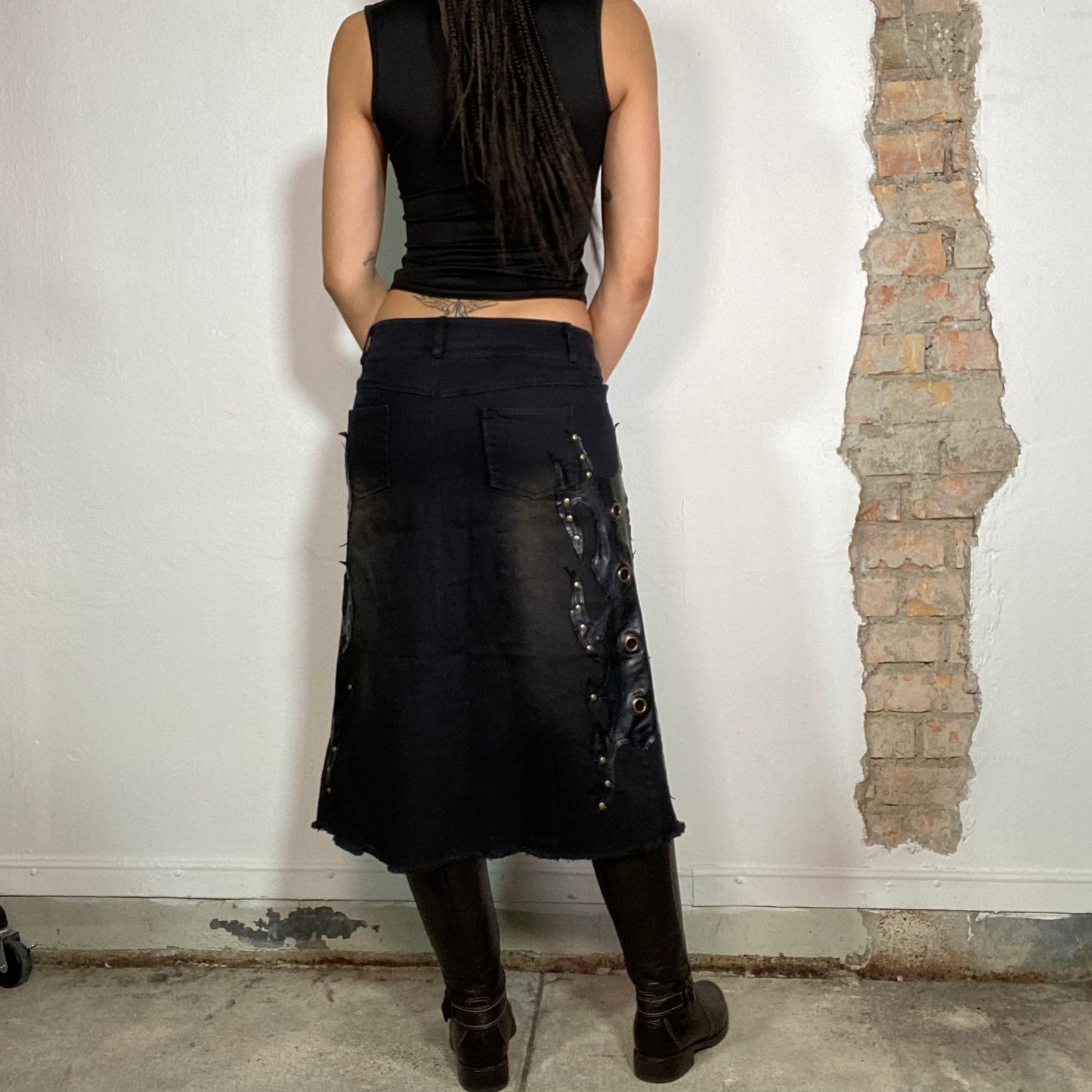 Vintage 90's Grunge Black Distressed Denim Midi Skirt with Stud Details (S/M)