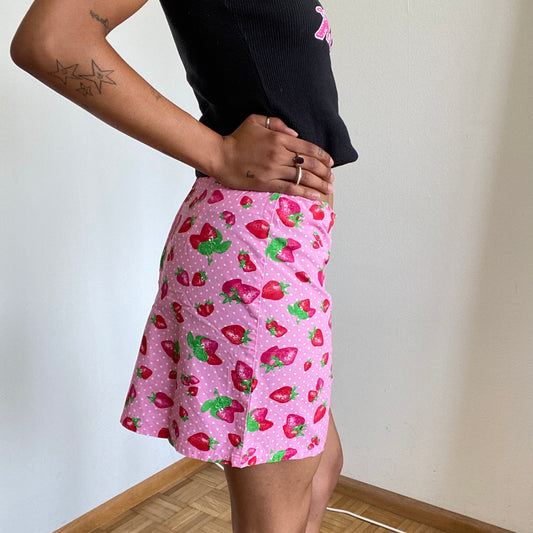 Vintage 90's Funky Fruits Pink Strawberry Print Mini Skirt (S)