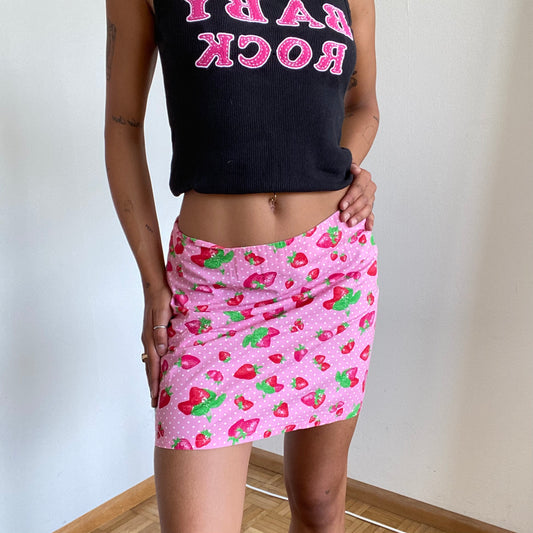 Vintage 90's Funky Fruits Pink Strawberry Print Mini Skirt (S)