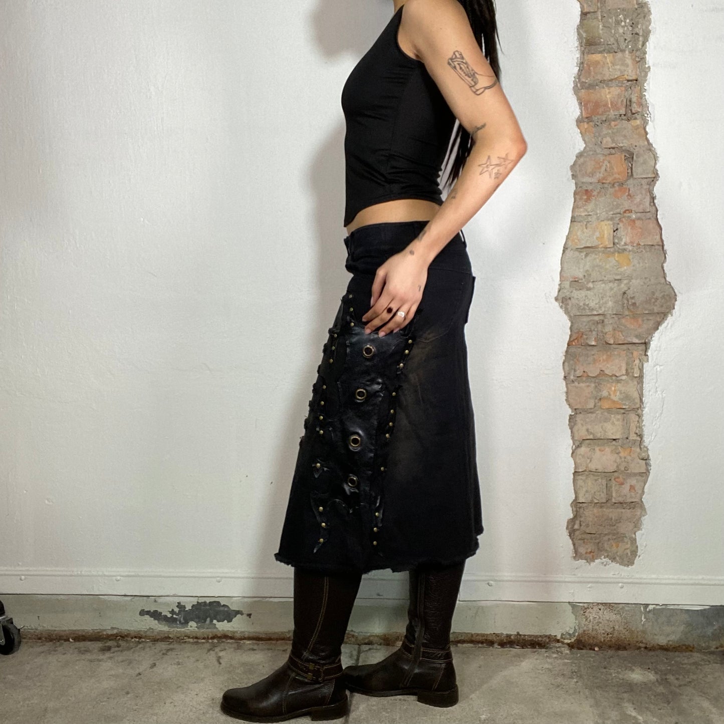 Vintage 90's Grunge Black Distressed Denim Midi Skirt with Stud Details (S/M)