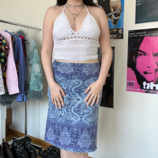 Vintage 90's Boho Blue Paisley Midi Mesh Skirt (M)