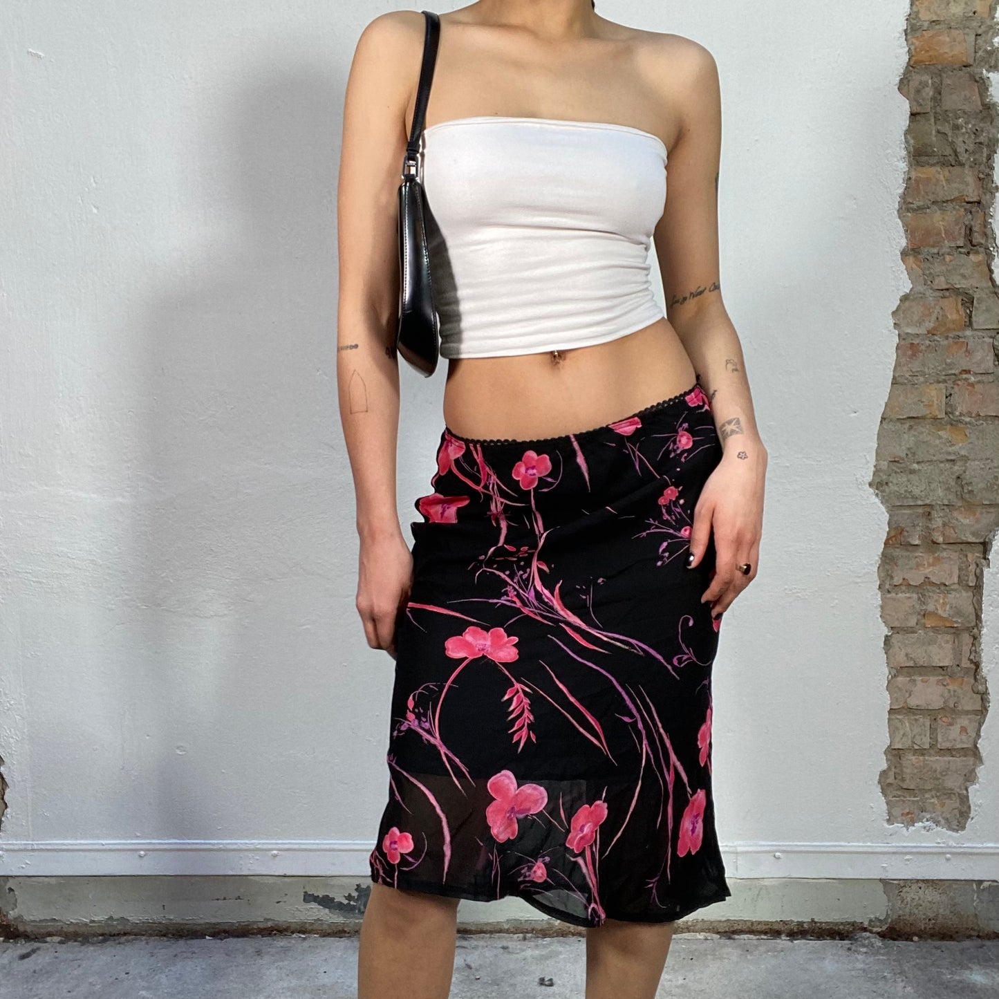 Vintage 2000's Downtown Girl Black Mesh Midi Skirt with Pink Flower Print (S/M)