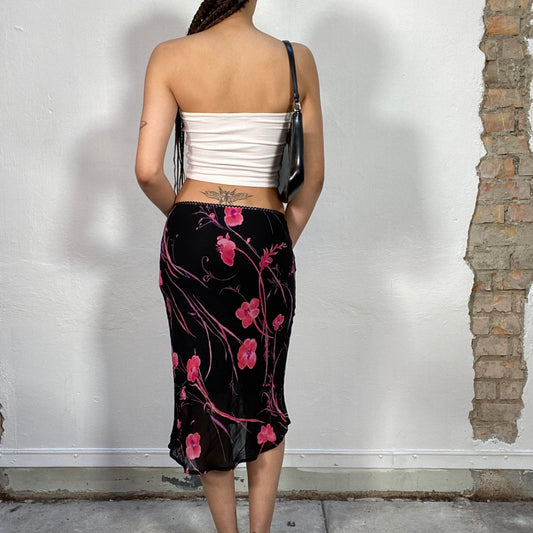 Vintage 2000's Downtown Girl Black Mesh Midi Skirt with Pink Flower Print (S/M)