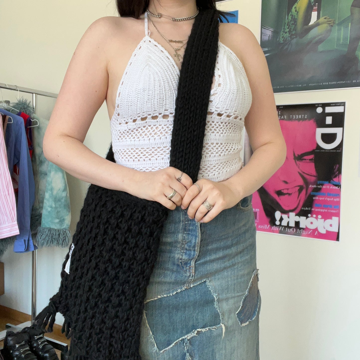 Vintage 90’s Grunge Hippie Black Crochet Knit Crossbody Bag